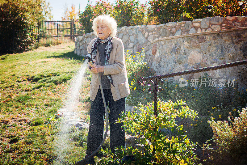 年长妇女用花园软管浇灌草坪