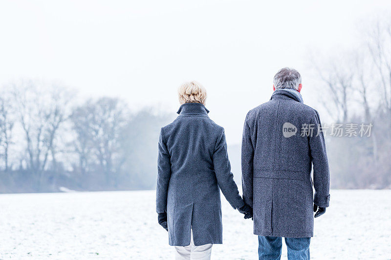 一对老年夫妇正在进行冬季散步