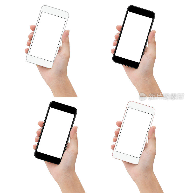 特写手握手机颜色设置孤立的白色，模拟智能手机的空白屏幕轻松调整与剪辑路径