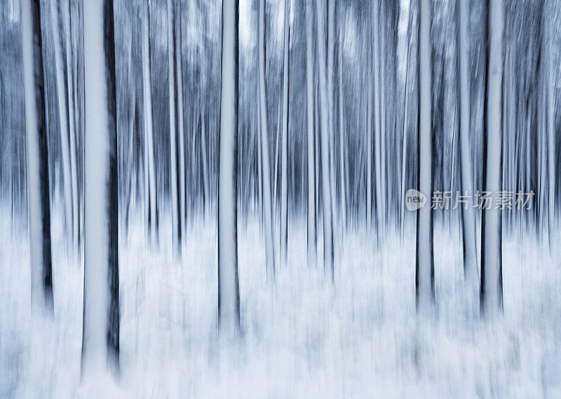冬天的风景有树和雪。这是通过在长时间曝光中摇晃相机来拍摄的。