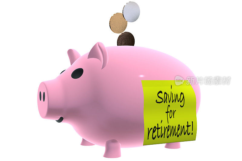 侧面是一个粉红色储蓄罐的3D模型，它的正上方是硬币，侧面是一个黄色的标签，上面写着为退休储蓄，背景是纯白色。