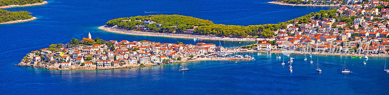 亚得里亚海旅游目的地Primosten航空全景群岛视图，达尔马提亚，克罗地亚
