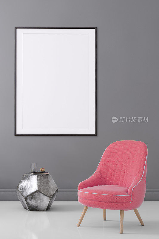 时尚的室内场景与彩色的扶手椅和相框模板