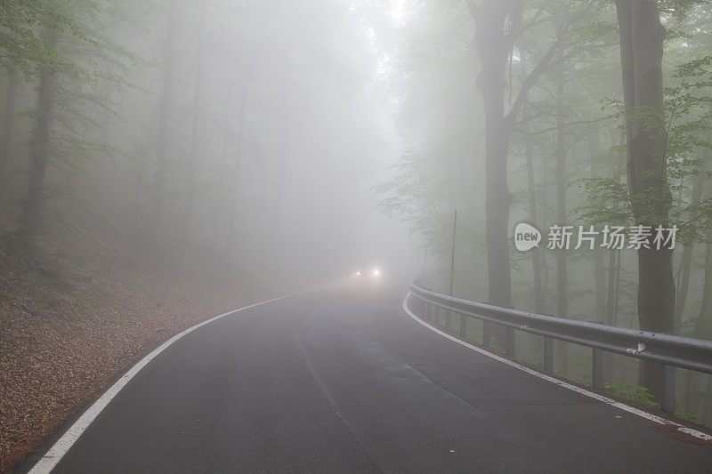 汽车前灯照亮了雾蒙蒙的道路