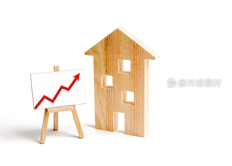 木房子立着，红色的箭头向上。不断增长的住房和房地产需求。城市的发展和人口。的投资。房价或租金上涨的概念。
