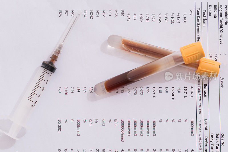 把血液试管和注射器放在医疗文件上