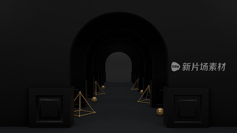 3D抽象隧道门黑色背景，空产品站，平台，讲台