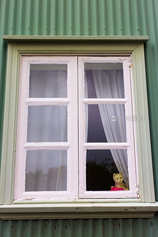 雷克雅未克，冰岛:乡村绿色和白色的窗口特写