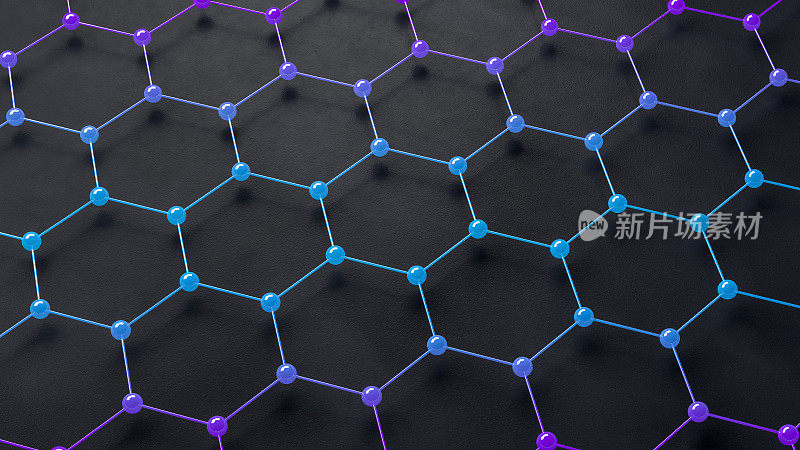 3D抽象六角形分子结构，Dna，黑色背景