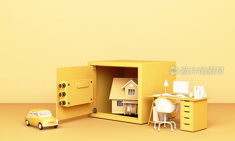想想家，汽车和工作与一个打开的保险箱在黄色柔和的颜色，生活3D渲染的概念