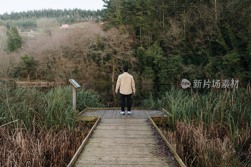 后视图的一个年轻男子在湖码头