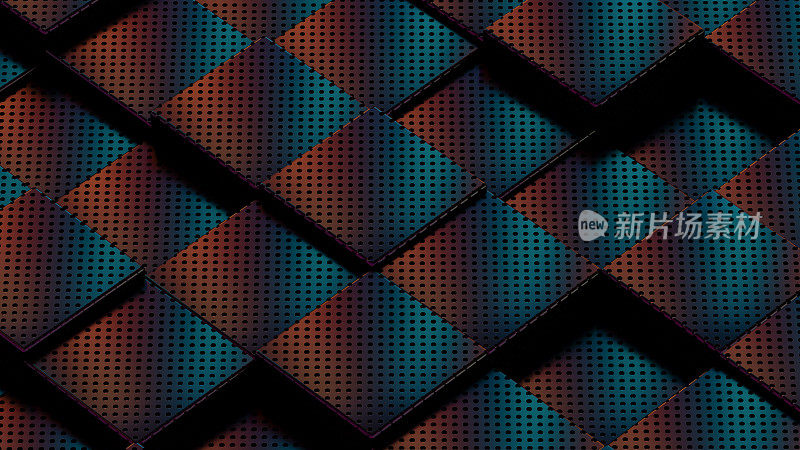 三维抽象斑点方块，几何形状，霓虹灯照明，未来主义技术背景