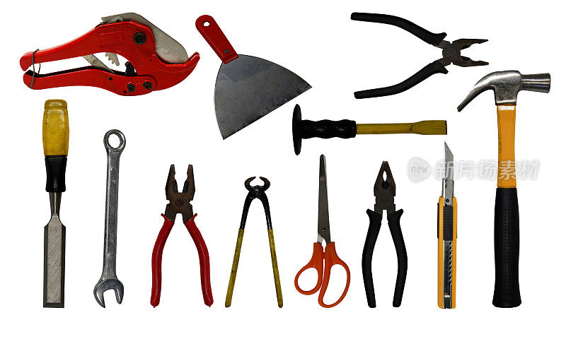 电气设备，施工工具，锤子，锁霜，切割器，组合扳手，小号，白色背景的剪刀
