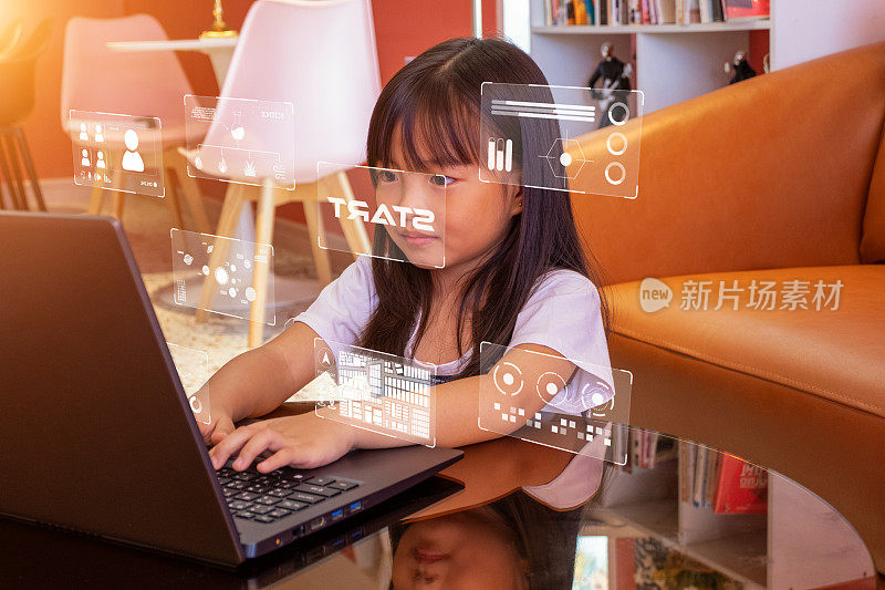 女孩打字键盘与未来科技概念图形。