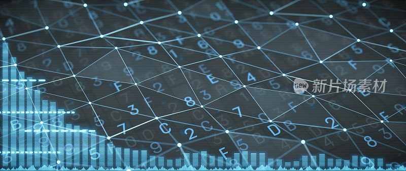 蓝色加密的计算机代码与透明的三角形网格网格和条形图叠加。数据、虚拟现实、计算和未来技术领域的概念设计。