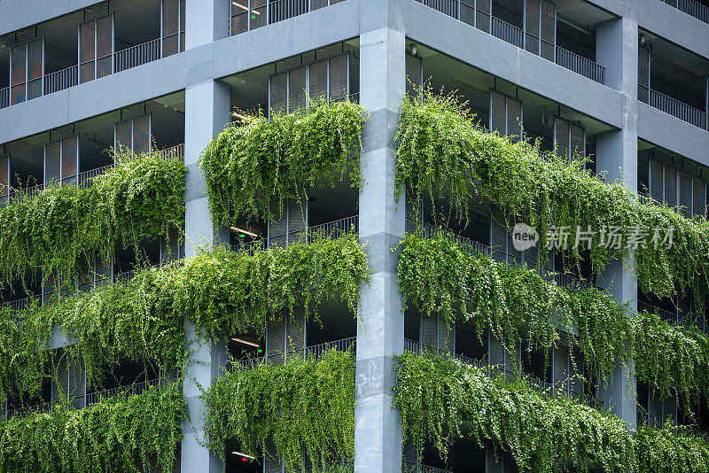 外部不确定的现代建筑立面与绿色垂直花园走廊上可持续建筑商业设计理念。