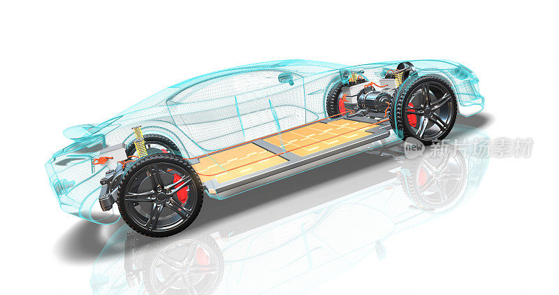 配备锂电池组的普通电动汽车。线框的身体。