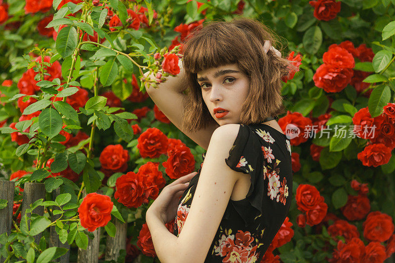 红头发的模型背景上的玫瑰灌木