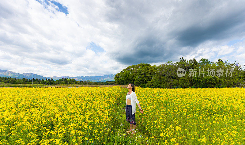 一位妇女在一片黄色的油菜花地里放松和享受户外活动