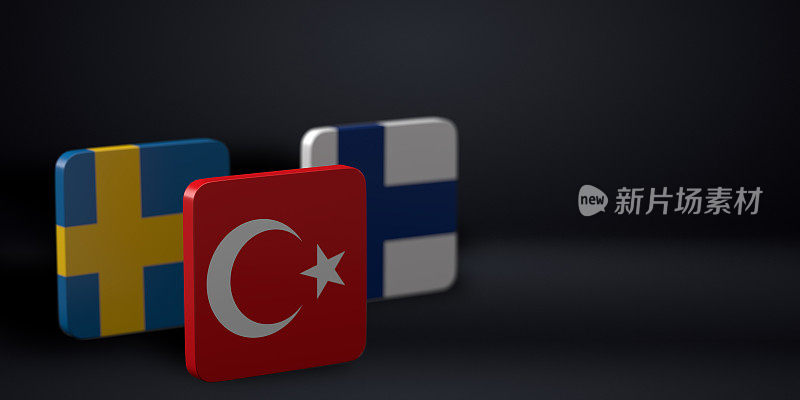 土耳其、瑞典和芬兰国旗，侧视图