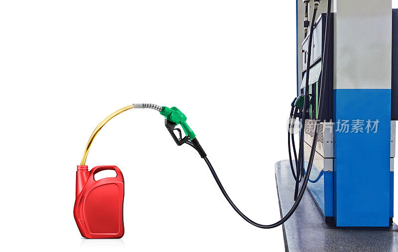 汽油泵喷嘴为白色背景的红色加仑加油