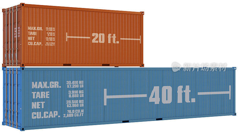 航运集装箱20英尺和40英尺大小的白色背景与剪辑路径