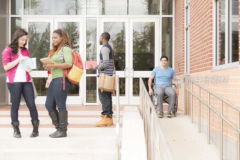 教育:残疾学生从轮椅坡道下行。大学校园。