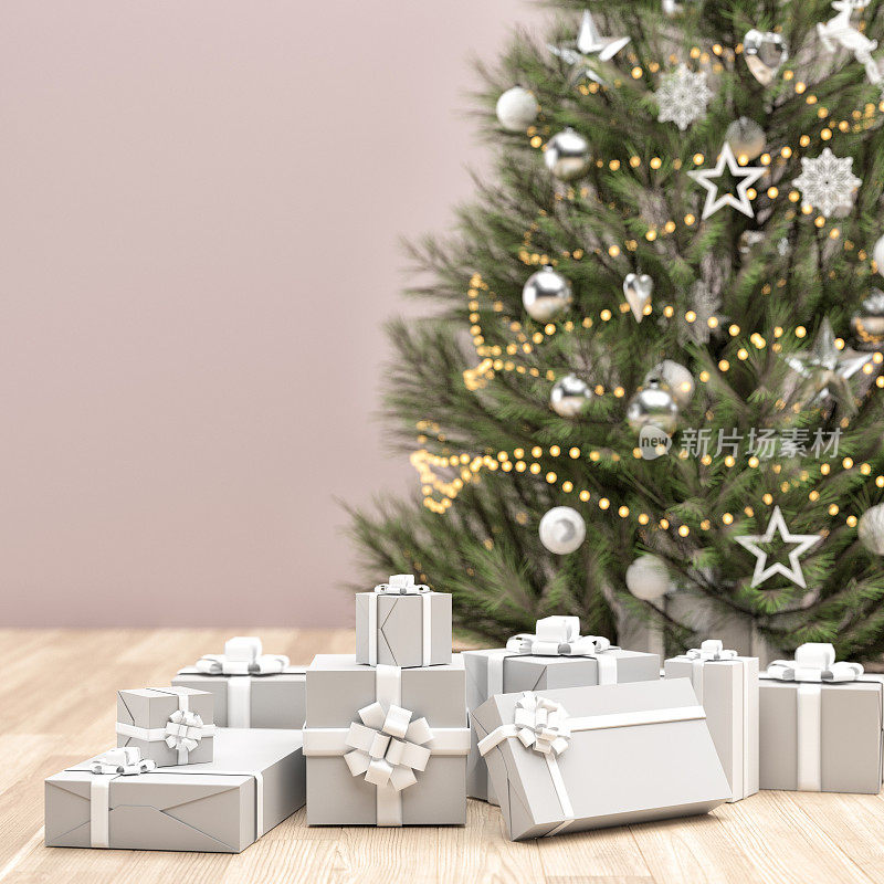 装饰着彩灯和礼物的圣诞树