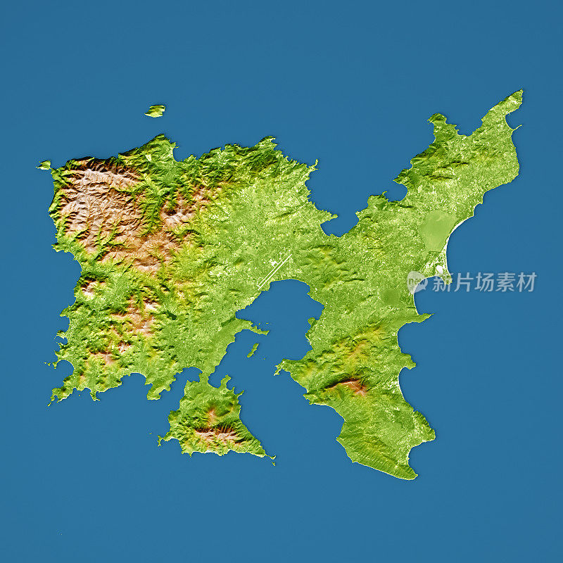 Limnos岛3D模型地形图增强的颜色顶视图