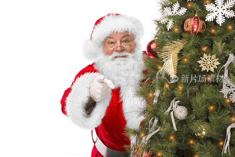 圣诞老人从圣诞树后面指着