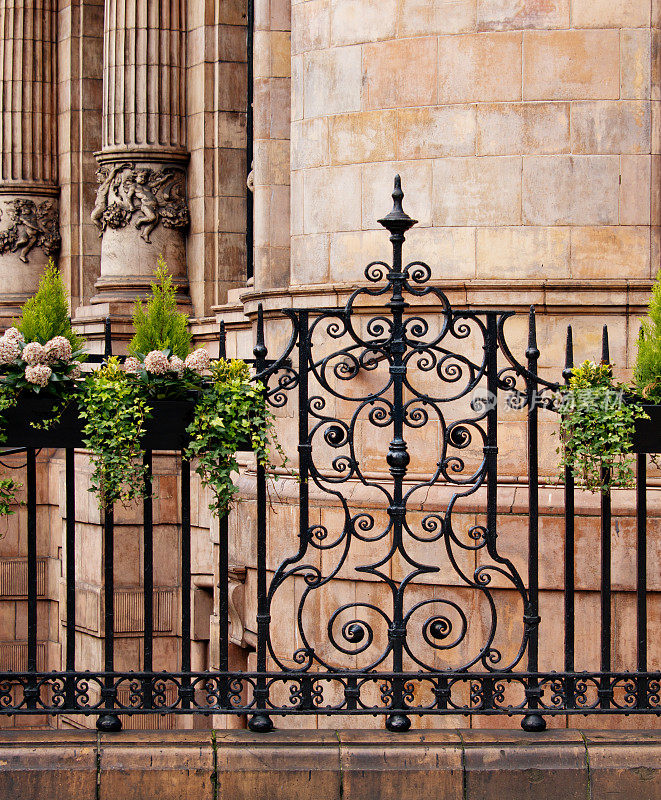 精致的装饰铁艺围栏和手工雕刻的凹槽柱，伦敦