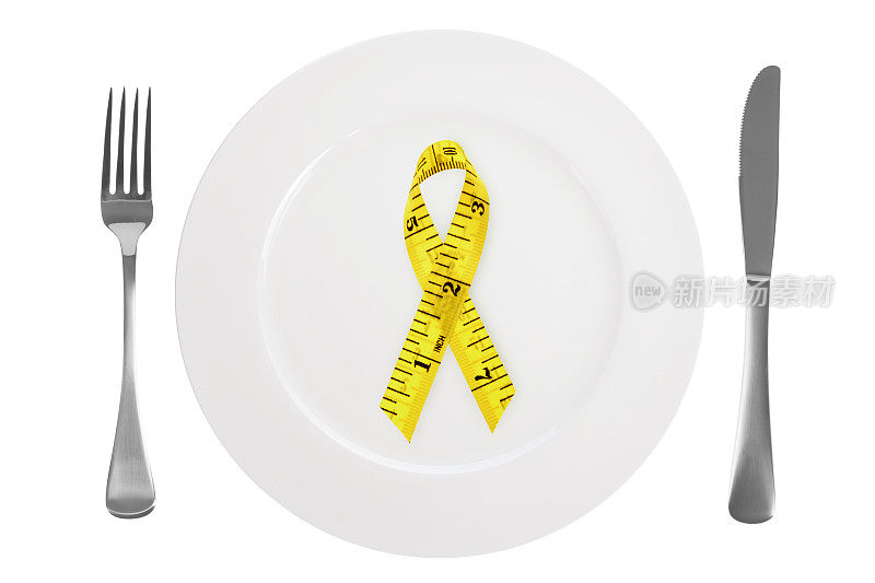 肥胖意识的盘子和刀叉白色