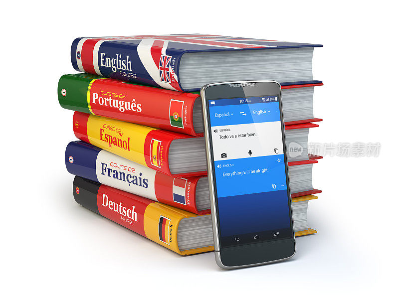 电子学习。手机词典。在线学习语言。智能手机与书籍。