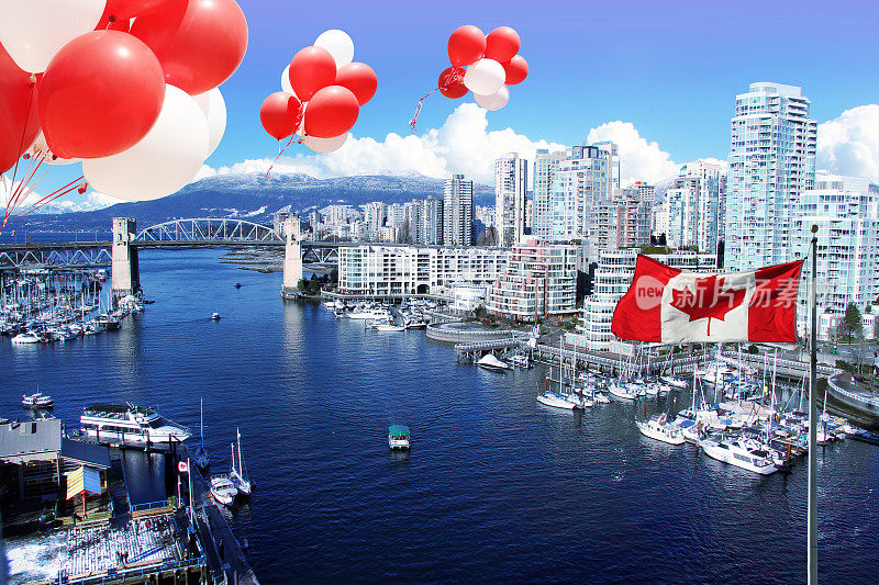 加拿大日气球和旗帜。