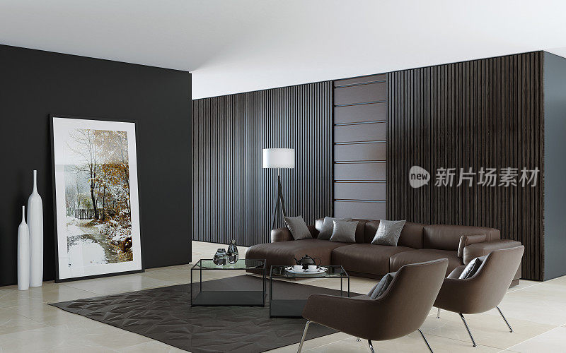 当代深色极简主义客厅内部与皮革棕色沙发