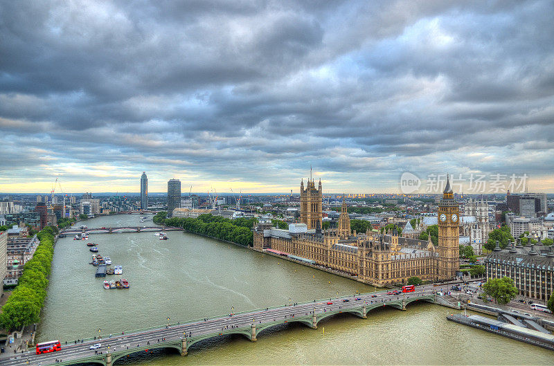 伦敦天际线景观，大本钟，威斯敏斯特宫，伦敦眼，威斯敏斯特桥，泰晤士河，英国伦敦。