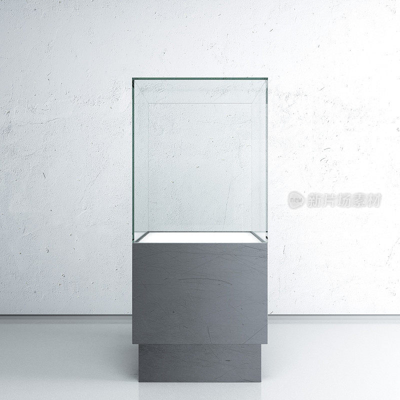 一张灰色的照片，上面是一个空的玻璃陈列柜
