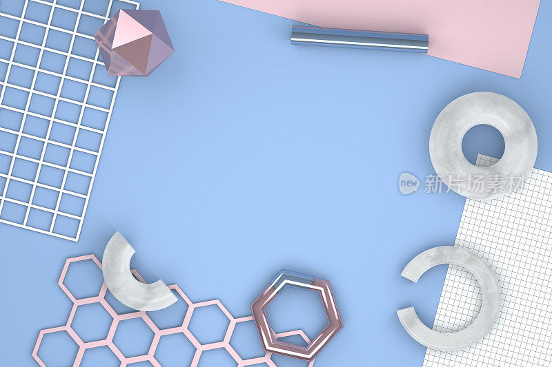 3d渲染混乱的概念与光泽和柔和的颜色几何形状。空纸横幅，信息。