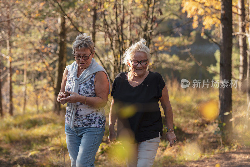 在森林里行走的老年女士们