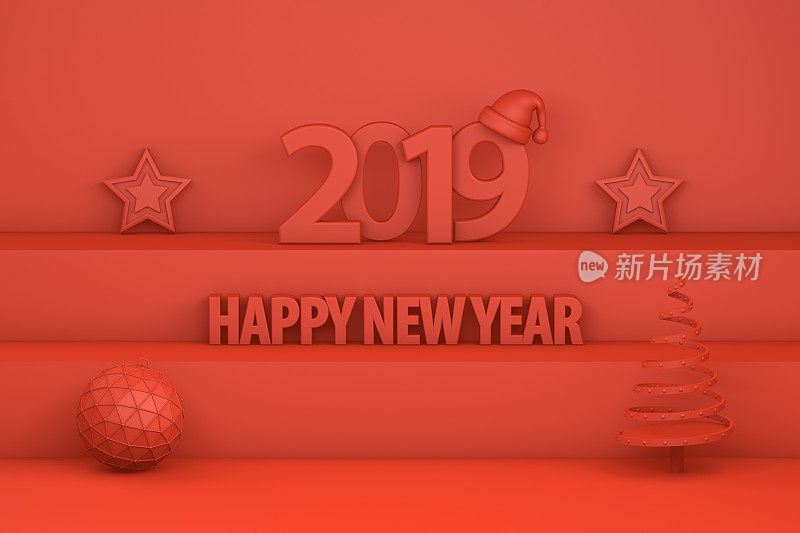 2019年新年，楼梯上有圣诞帽，红色背景上有简约圣诞概念