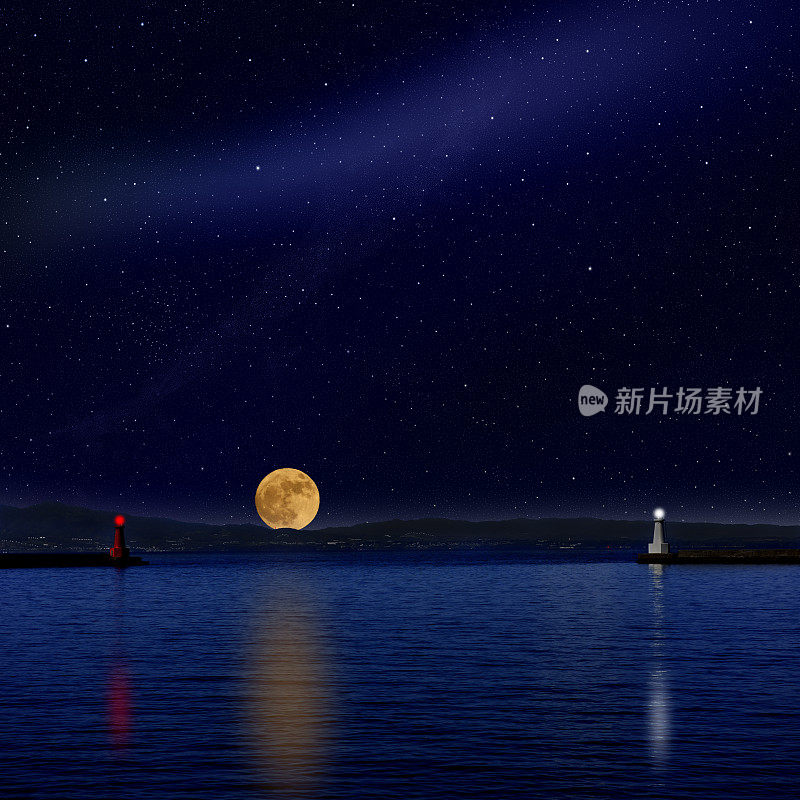 满月在海面和灯塔上升起。