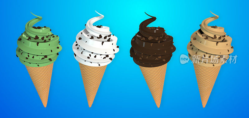 香草，巧克力，薄荷和摩卡巧克力片冰淇淋甜筒(包括剪切路径，你可以放置自己的背景)