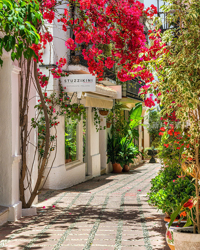 西班牙马拉加省马贝拉老城的一条风景如画的狭窄街道。