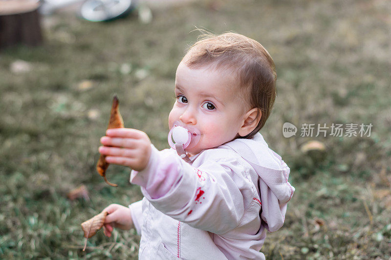 一个可爱的小女孩在户外抱着一片干树叶。