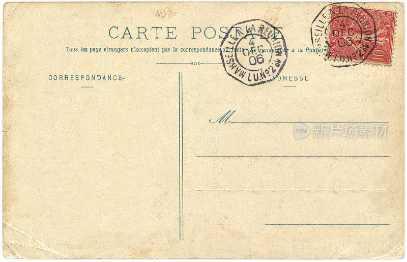 20世纪早期，从马赛寄到留尼旺岛的老式明信片，对于任何历史明信片通信的使用都是一个非常好的背景。