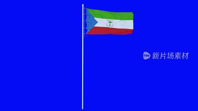 赤道几内亚国旗迎风飘扬在蓝屏或色度键背景上。三维渲染