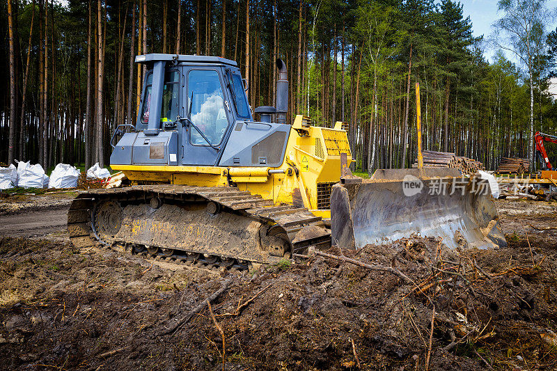 推土机把在建的新公路上的树根铲掉