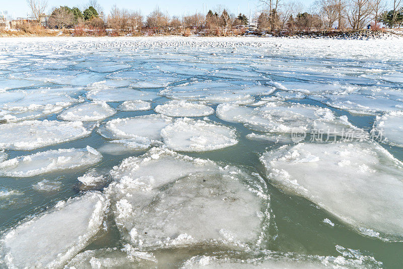 在加拿大安大略湖斯卡伯勒悬崖公园的深蓝色水面上漂浮着破碎的浮冰