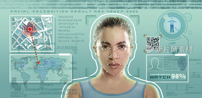 年轻女子数字身份验证通过面部识别的概念
