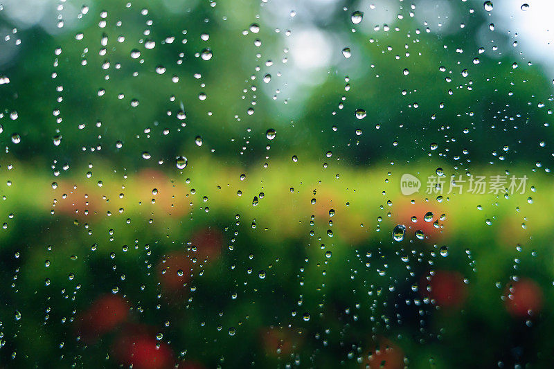 雨水透过被雨水覆盖的车窗玻璃，落在绿色背景模糊的汽车玻璃表面。雨后的清新。车内的湿挡风玻璃被击中。有选择性的重点。